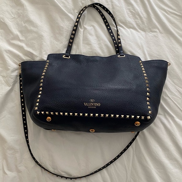 Medium Valentino Garavani Rockstud Tote Navy Grainy Leather RARE COLOR - Picture 4 of 16
